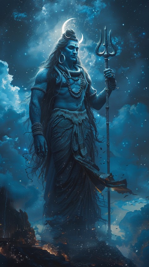 Majestic Lord Shiva holding a trident with a crescent moon on his forehead under a starry sky Aesthetic (48)