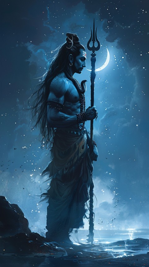 Majestic Lord Shiva holding a trident with a crescent moon on his forehead under a starry sky Aesthetic (64)