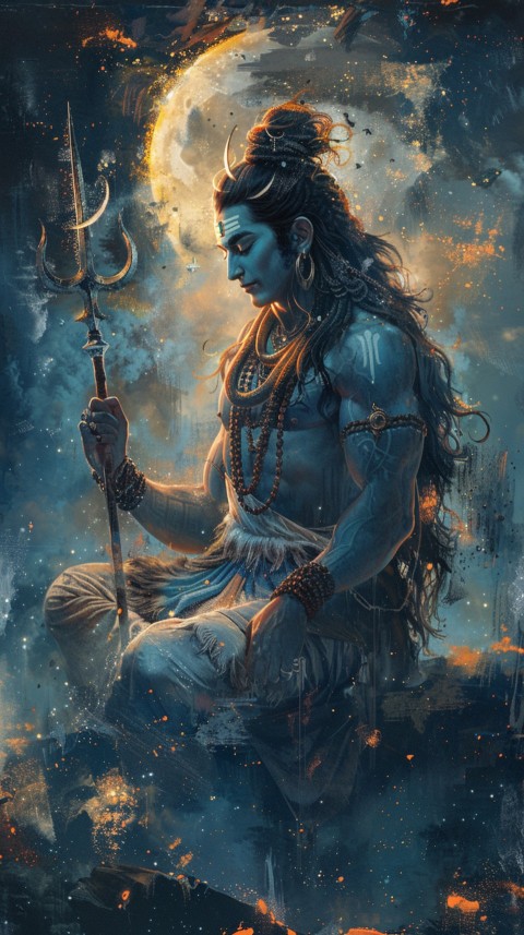 Majestic Lord Shiva holding a trident with a crescent moon on his forehead under a starry sky Aesthetic (77)