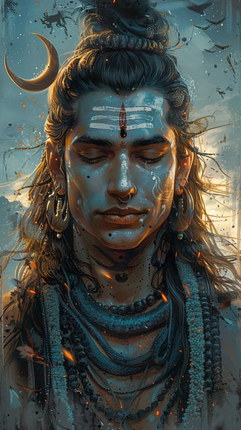 Majestic Lord Shiva holding a trident with a crescent moon on his forehead under a starry sky Aesthetic (79)