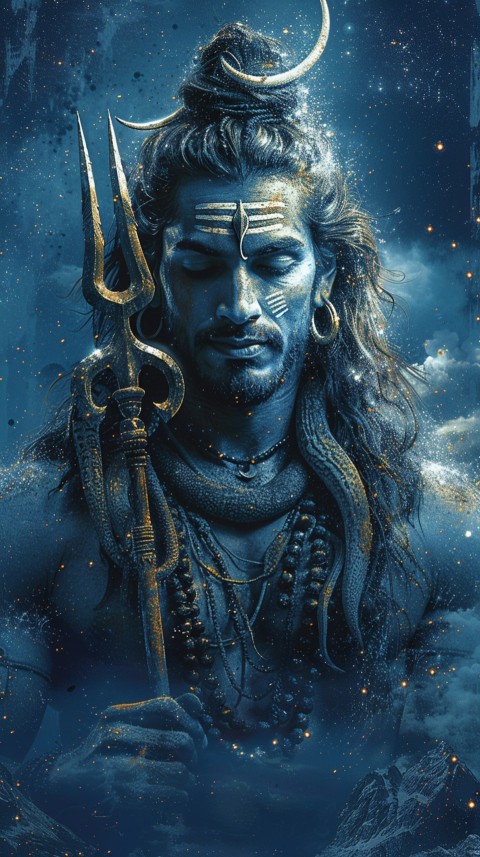 Majestic Lord Shiva holding a trident with a crescent moon on his forehead under a starry sky Aesthetic (62)