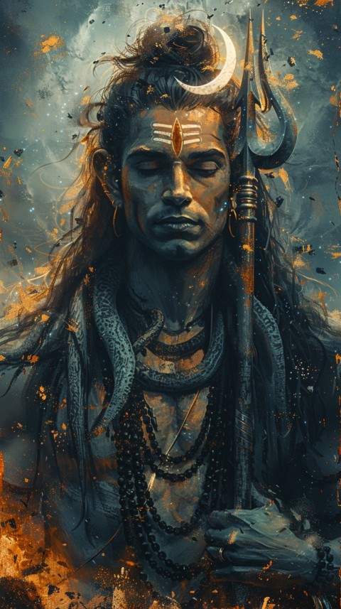 Majestic Lord Shiva holding a trident with a crescent moon on his forehead under a starry sky Aesthetic (71)