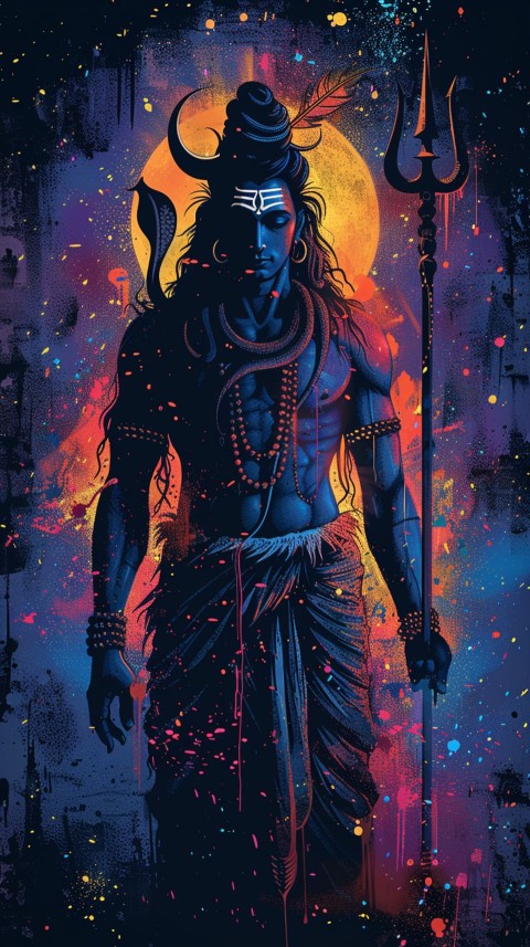 Majestic Lord Shiva holding a trident with a crescent moon on his forehead under a starry sky Aesthetic (66)