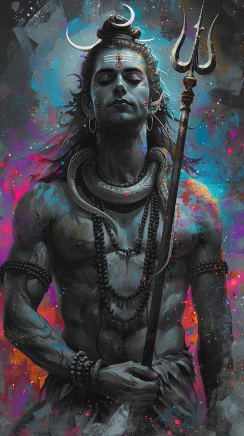 Majestic Lord Shiva holding a trident with a crescent moon on his forehead under a starry sky Aesthetic (81)