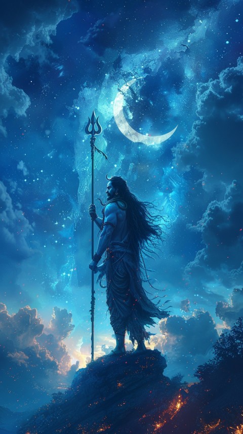 Majestic Lord Shiva holding a trident with a crescent moon on his forehead under a starry sky Aesthetic (84)