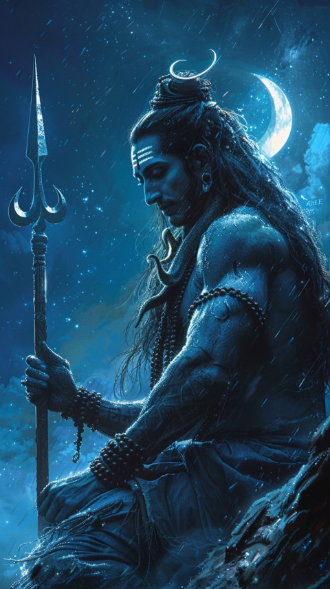 Majestic Lord Shiva holding a trident with a crescent moon on his forehead under a starry sky Aesthetic (97)