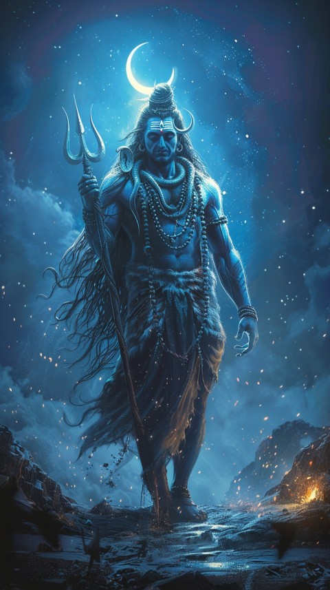 Majestic Lord Shiva holding a trident with a crescent moon on his forehead under a starry sky Aesthetic (82)