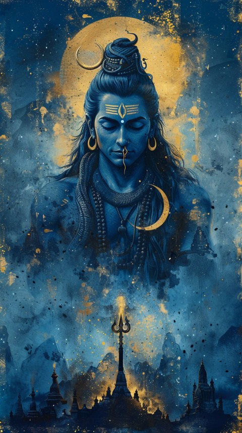 Majestic Lord Shiva holding a trident with a crescent moon on his forehead under a starry sky Aesthetic (85)