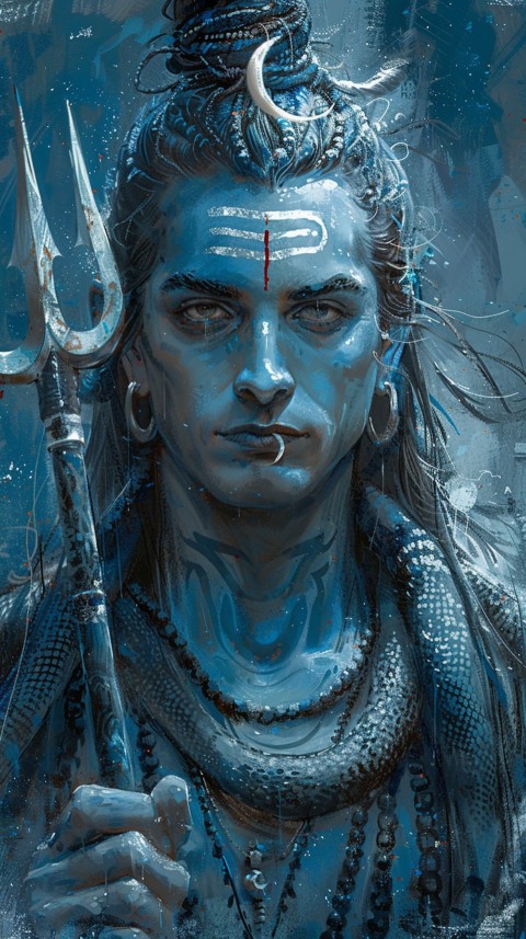 Majestic Lord Shiva holding a trident with a crescent moon on his forehead under a starry sky Aesthetic (98)