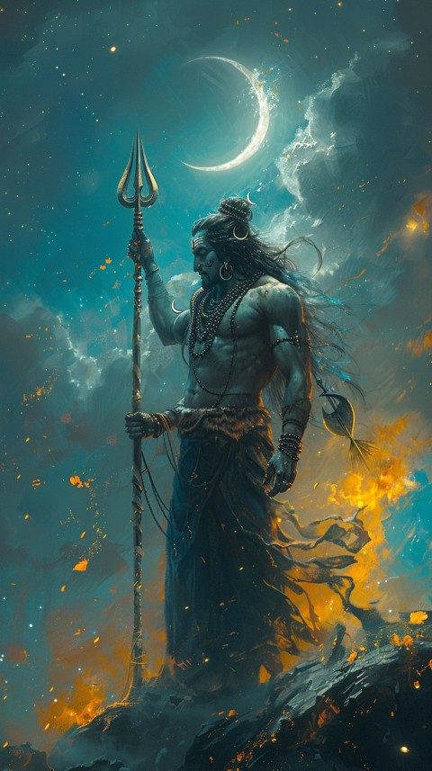 Majestic Lord Shiva holding a trident with a crescent moon on his forehead under a starry sky Aesthetic (110)