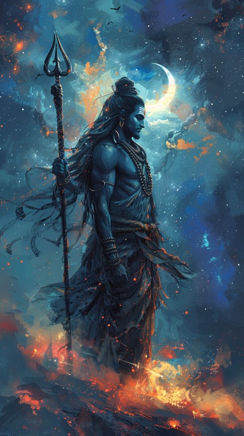 Majestic Lord Shiva holding a trident with a crescent moon on his forehead under a starry sky Aesthetic (109)