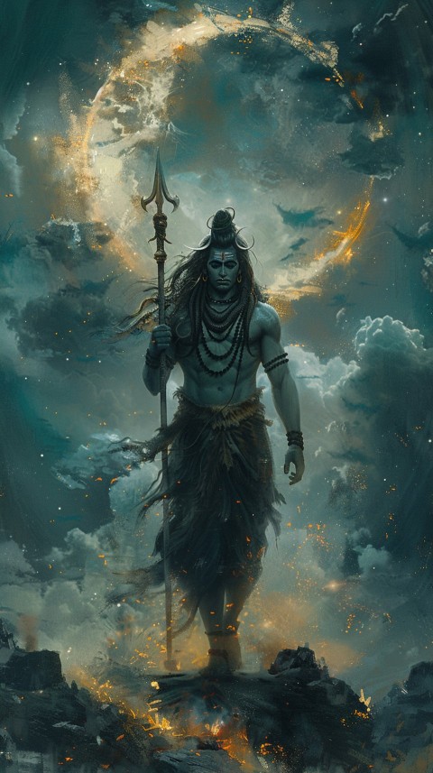 Majestic Lord Shiva holding a trident with a crescent moon on his forehead under a starry sky Aesthetic (108)