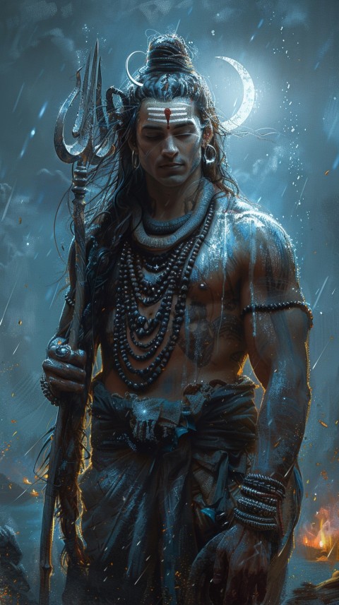 Majestic Lord Shiva holding a trident with a crescent moon on his forehead under a starry sky Aesthetic (111)