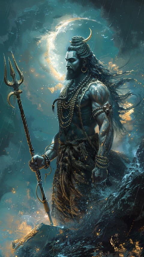 Majestic Lord Shiva holding a trident with a crescent moon on his forehead under a starry sky Aesthetic (106)