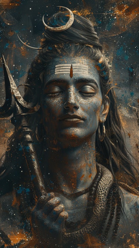 Majestic Lord Shiva holding a trident with a crescent moon on his forehead under a starry sky Aesthetic (101)