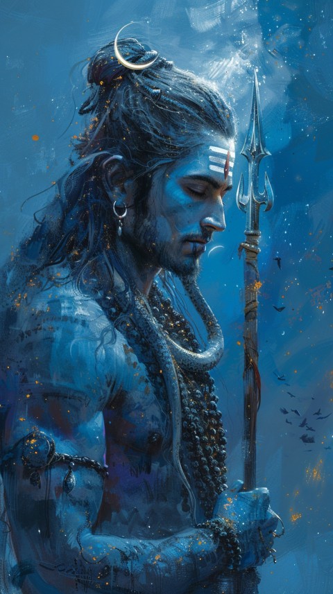 Majestic Lord Shiva holding a trident with a crescent moon on his forehead under a starry sky Aesthetic (116)