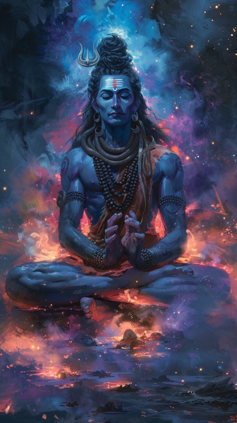 Serene Lord Shiva sitting in lotus position surrounded by a glowing aura Aesthetic (16)