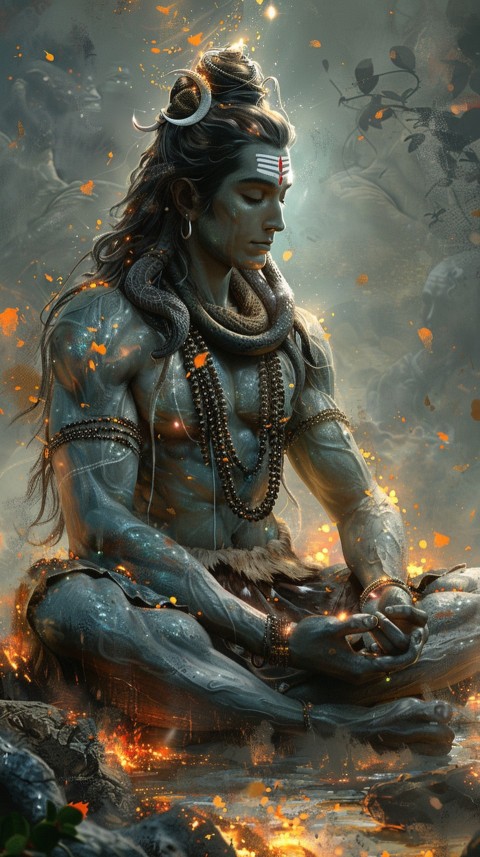 Serene Lord Shiva sitting in lotus position surrounded by a glowing aura Aesthetic (6)