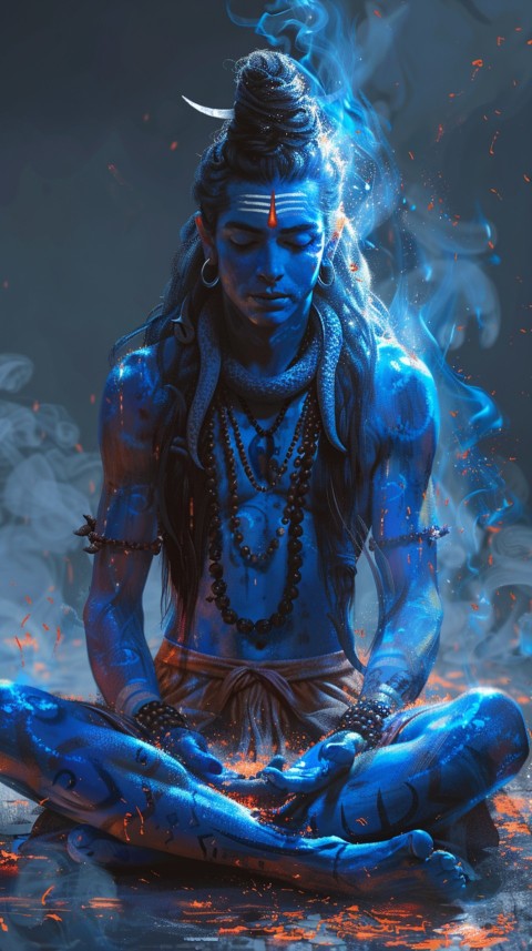 Serene Lord Shiva sitting in lotus position surrounded by a glowing aura Aesthetic (7)