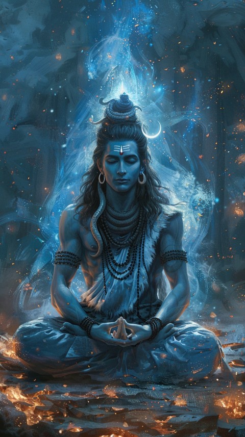 Serene Lord Shiva sitting in lotus position surrounded by a glowing aura Aesthetic (14)