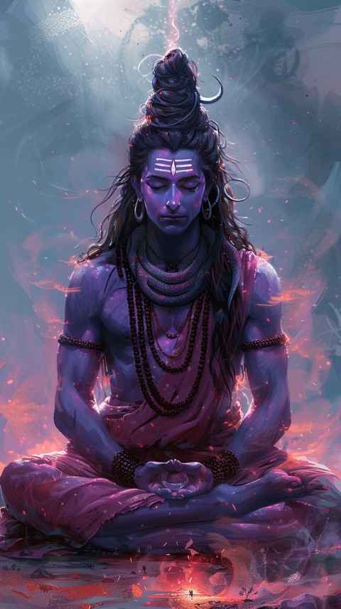 Serene Lord Shiva sitting in lotus position surrounded by a glowing aura Aesthetic (31)