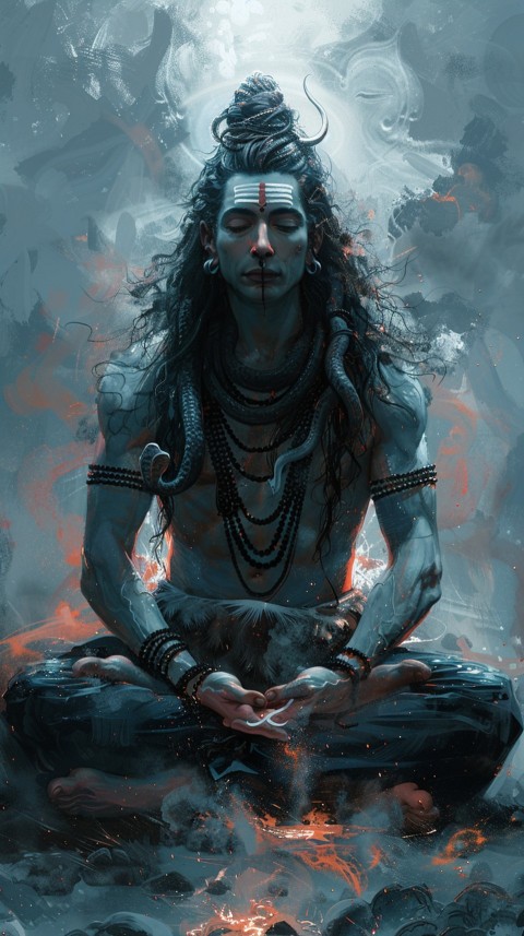 Serene Lord Shiva sitting in lotus position surrounded by a glowing aura Aesthetic (27)