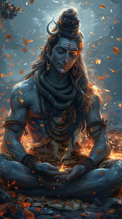 Serene Lord Shiva sitting in lotus position surrounded by a glowing aura Aesthetic (23)