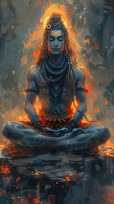 Serene Lord Shiva sitting in lotus position surrounded by a glowing aura Aesthetic (39)