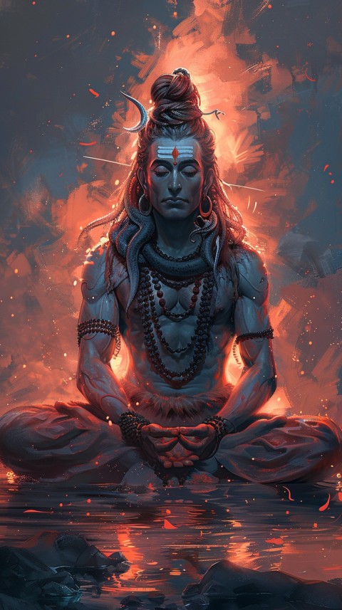 Serene Lord Shiva sitting in lotus position surrounded by a glowing aura Aesthetic (29)