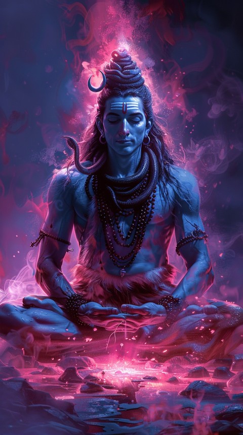 Serene Lord Shiva sitting in lotus position surrounded by a glowing aura Aesthetic (36)