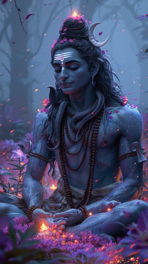 Serene Lord Shiva sitting in lotus position surrounded by a glowing aura Aesthetic (24)