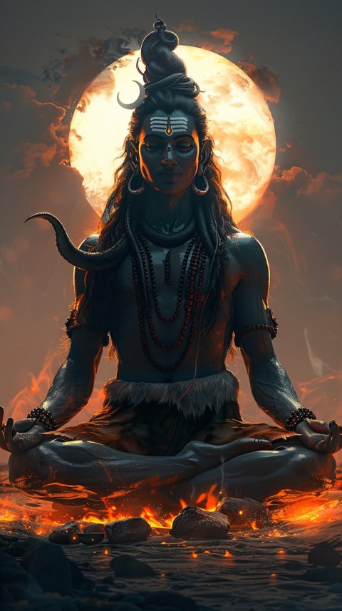 Serene Lord Shiva sitting in lotus position surrounded by a glowing aura Aesthetic (28)