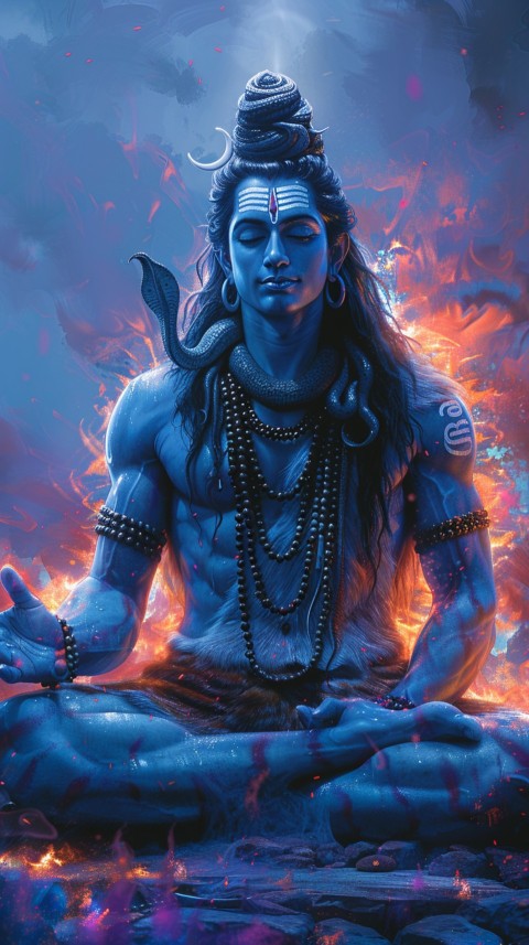 Serene Lord Shiva sitting in lotus position surrounded by a glowing aura Aesthetic (50)