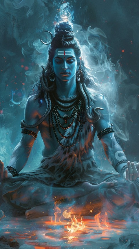 Serene Lord Shiva sitting in lotus position surrounded by a glowing aura Aesthetic (47)