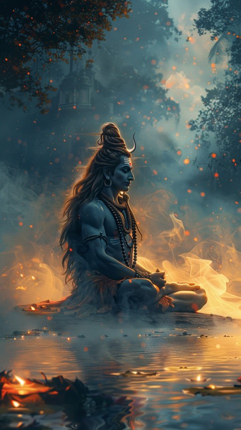 Serene Lord Shiva sitting in lotus position surrounded by a glowing aura Aesthetic (55)