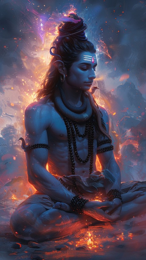 Serene Lord Shiva sitting in lotus position surrounded by a glowing aura Aesthetic (43)