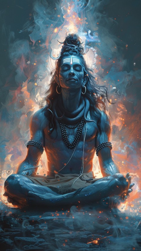 Serene Lord Shiva sitting in lotus position surrounded by a glowing aura Aesthetic (68)