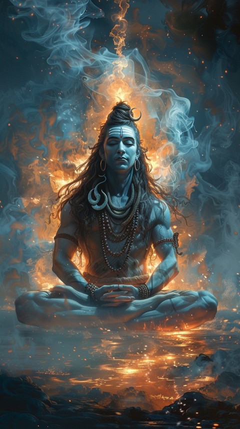 Serene Lord Shiva sitting in lotus position surrounded by a glowing aura Aesthetic (76)