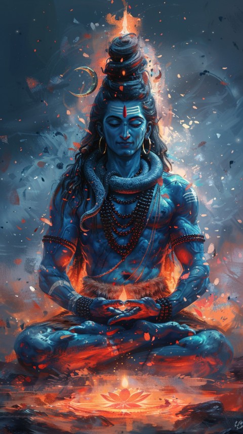 Serene Lord Shiva sitting in lotus position surrounded by a glowing aura Aesthetic (63)