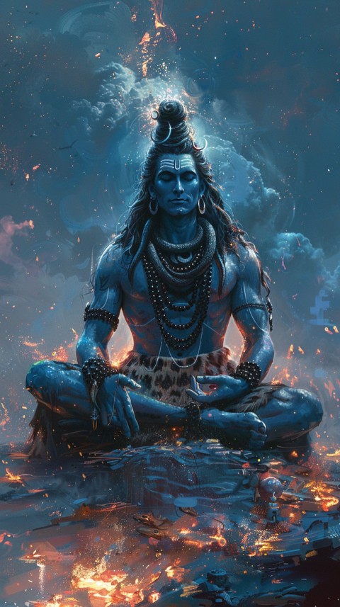 Serene Lord Shiva sitting in lotus position surrounded by a glowing aura Aesthetic (71)