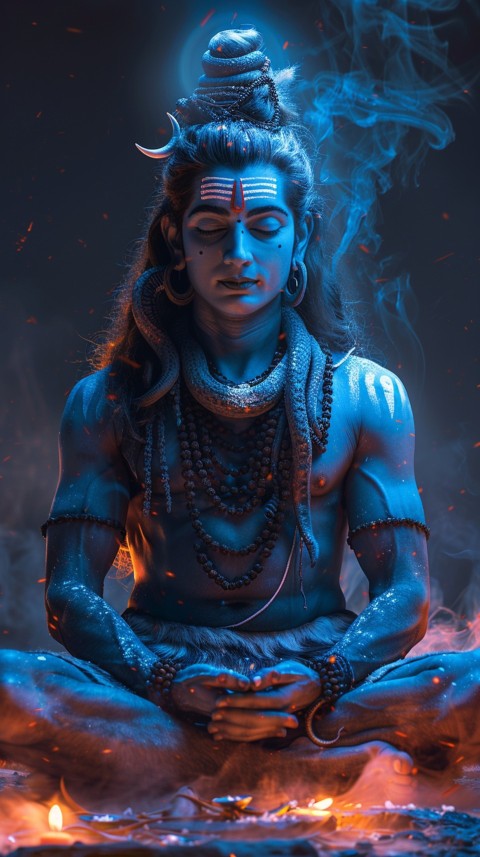 Serene Lord Shiva sitting in lotus position surrounded by a glowing aura Aesthetic (97)