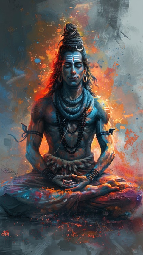 Serene Lord Shiva sitting in lotus position surrounded by a glowing aura Aesthetic (82)