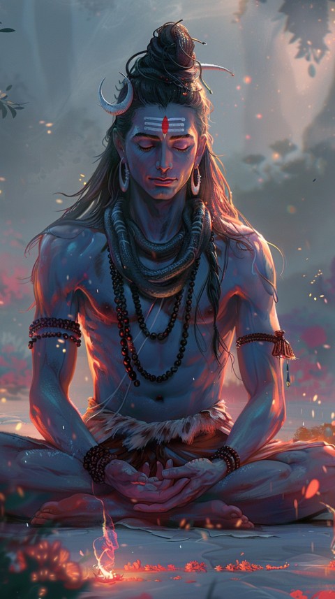 Serene Lord Shiva sitting in lotus position surrounded by a glowing aura Aesthetic (91)