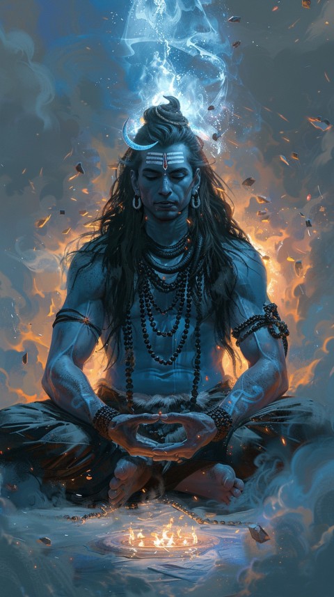 Serene Lord Shiva sitting in lotus position surrounded by a glowing aura Aesthetic (86)