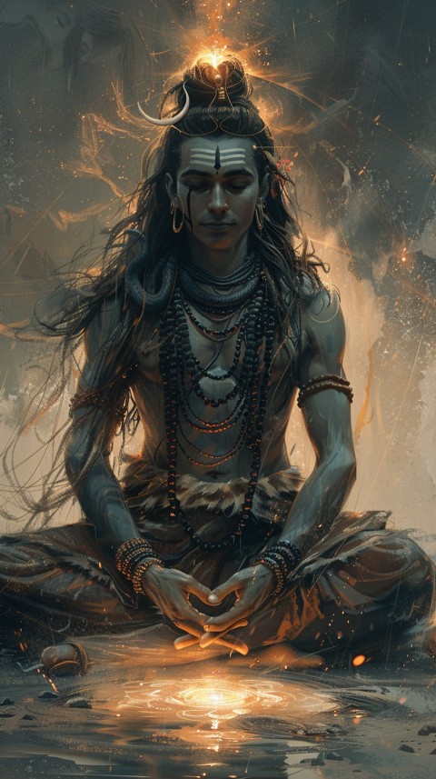 Serene Lord Shiva sitting in lotus position surrounded by a glowing aura Aesthetic (88)