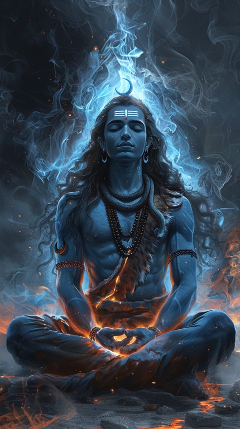 Serene Lord Shiva sitting in lotus position surrounded by a glowing aura Aesthetic (92)