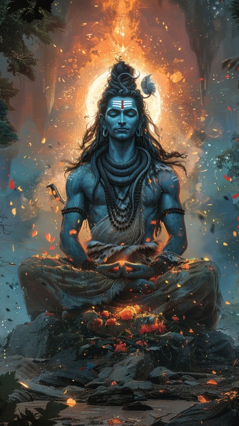 Serene Lord Shiva sitting in lotus position surrounded by a glowing aura Aesthetic (112)