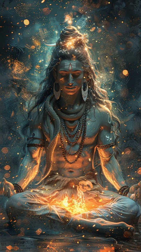 Serene Lord Shiva sitting in lotus position surrounded by a glowing aura Aesthetic (110)