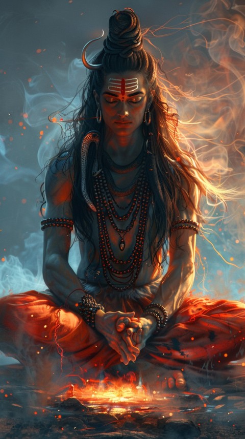 Serene Lord Shiva sitting in lotus position surrounded by a glowing aura Aesthetic (131)