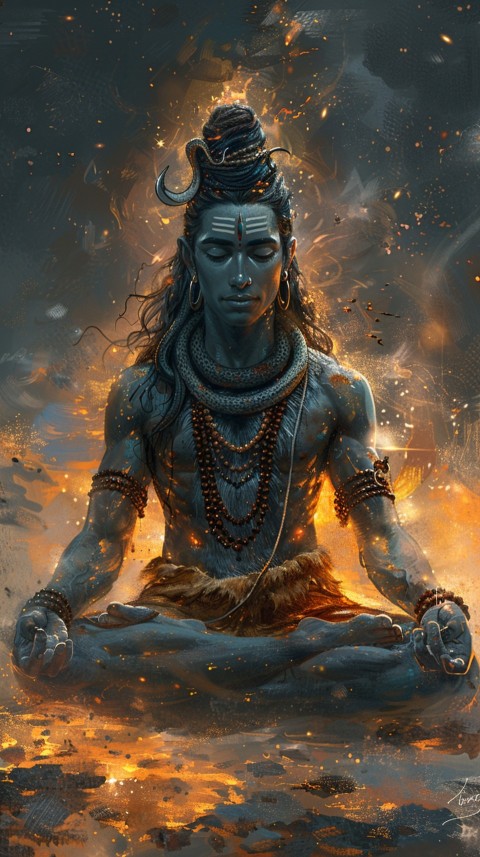 Serene Lord Shiva sitting in lotus position surrounded by a glowing aura Aesthetic (126)